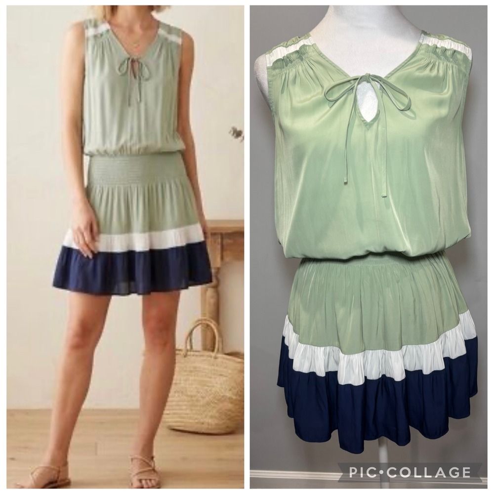 Ramy Brook Smocked Waist Mini Dress XS Sage Green Navy Colorblock Tiered Ruffle